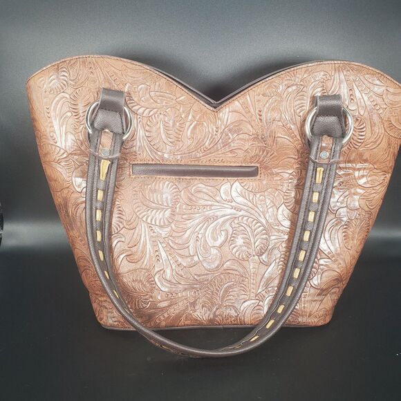 Western Tooled Brown Tote Bag w/ Turquoise Concho & Fringe – Shoulder Purse - Picture 2 of 10